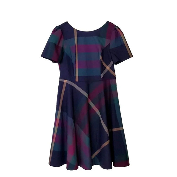 Modcloth Definitively Darling Fit and Flare Dress Womens 14 Blue Plaid Retro Fab - Picture 1 of 16